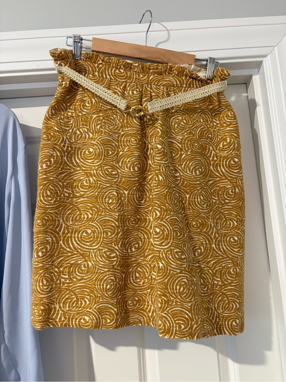 Anthropologie Mustard Yellow Swirl Jacquard Pencil Skirt with Braided Belt